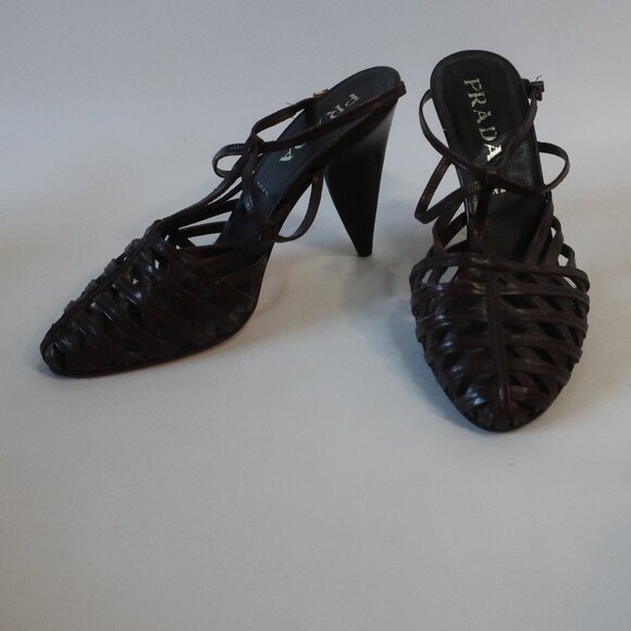 NWOB Womens Prada Brown Caged Strap Leather Cone Heel Slingback Pumps 39 US/9 - Picture 1 of 11
